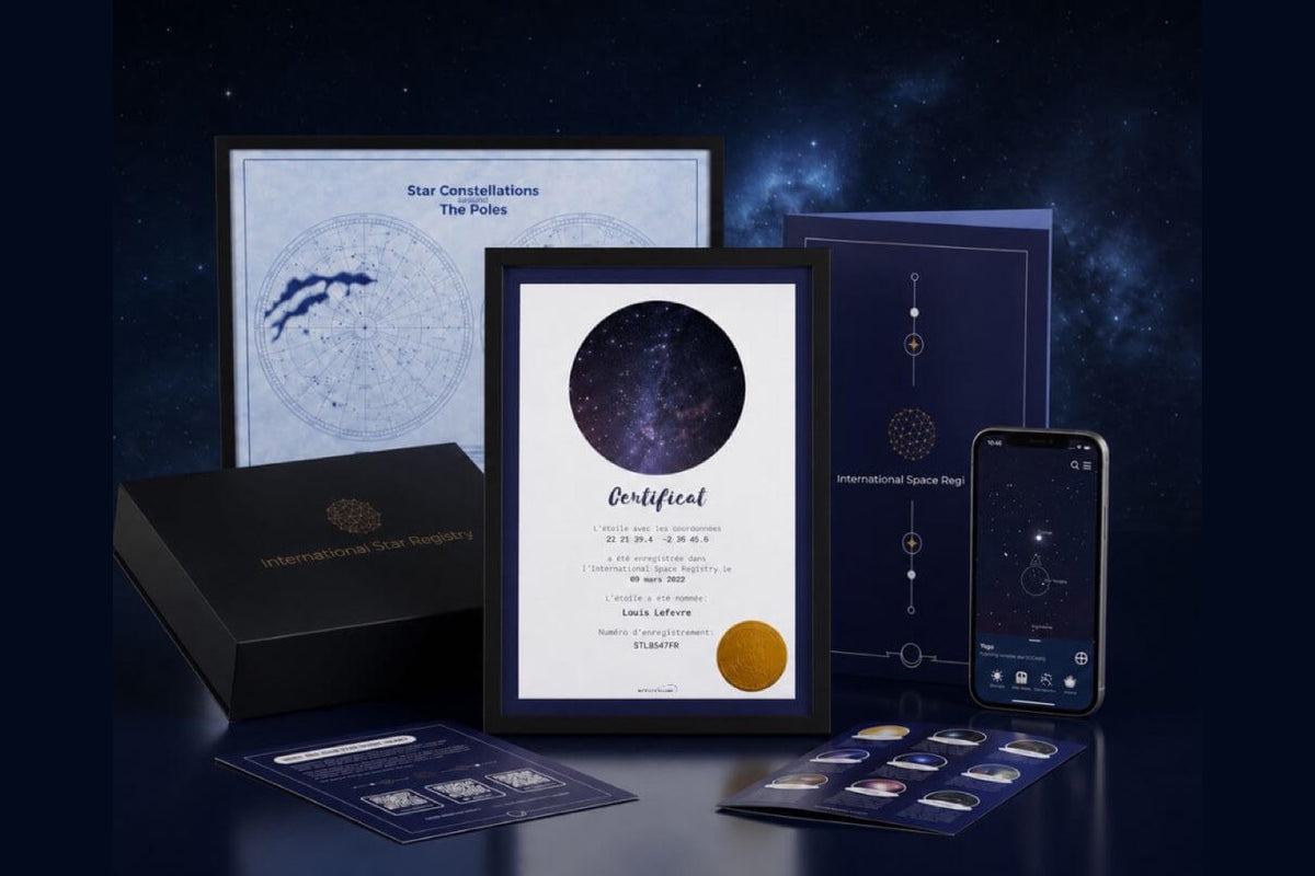 Coffret Institut Stellaire fermé avec certificat français encadré, carte céleste et documents authentiques