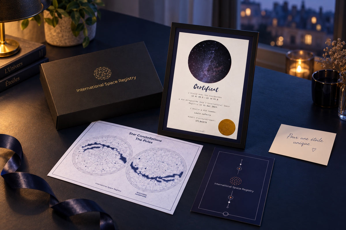 Coffret Institut Stellaire, certificat français personnalisé et carte céleste