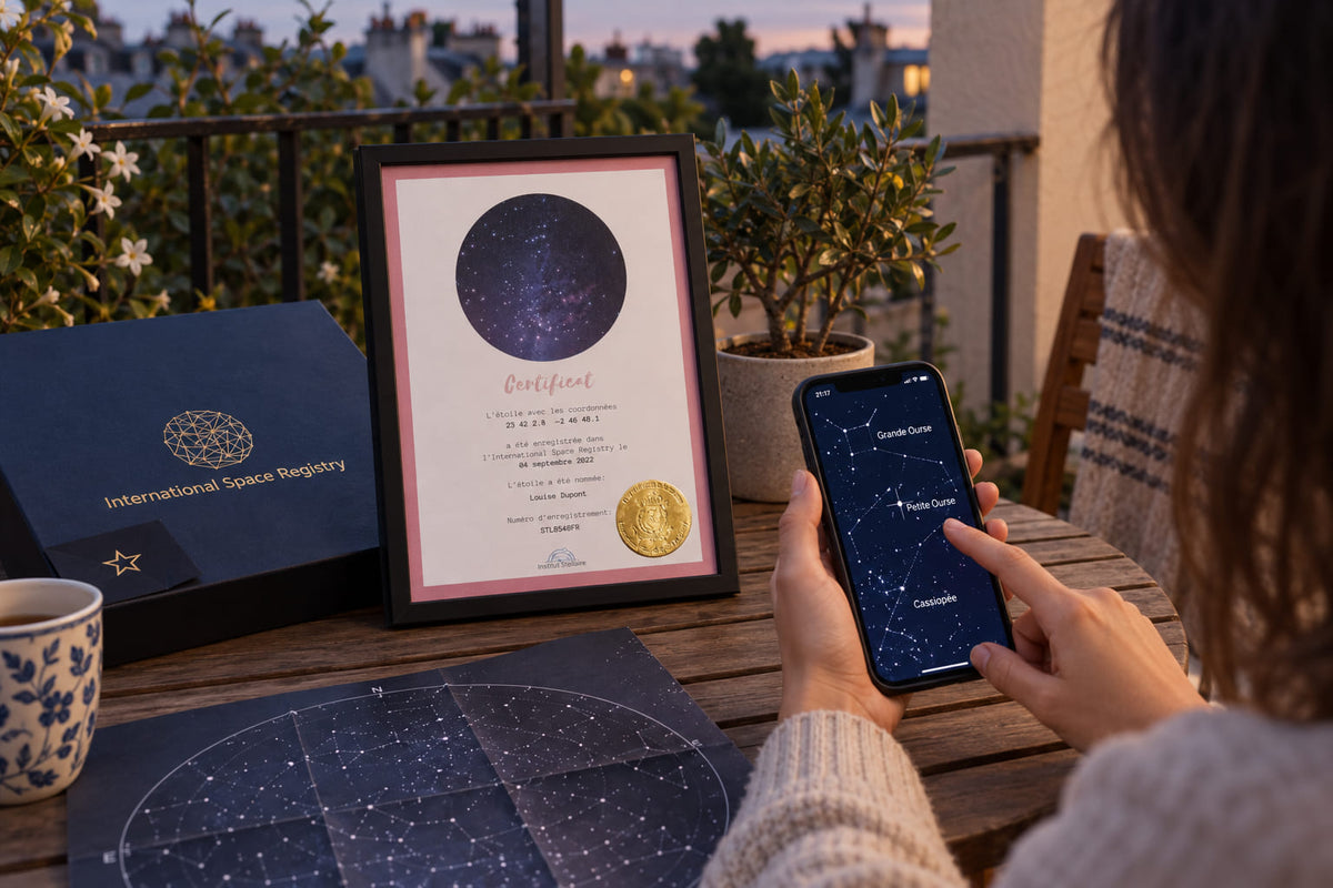 Certificat d’étoile français, coffret Institut Stellaire et application Universe Star Finder sur une terrasse nocturne