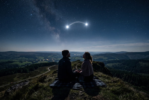 Un couple assis face à face sous un ciel étoilé, avec deux étoiles reliées par un arc lumineux.