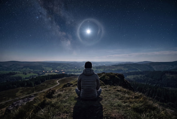 Une personne assise sur une colline contemple un ciel étoilé, avec une étoile mise en lumière.