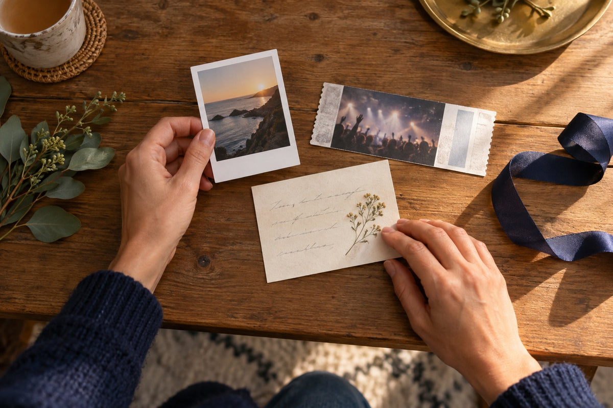 Mains réunissant une photo, un billet et une carte pour imaginer un cadeau personnel
