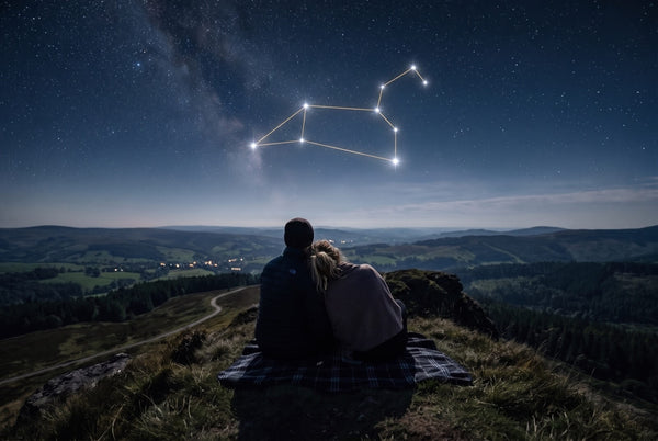 Un couple regarde le ciel au-dessus d’une vallée, avec une constellation dessinée en surimpression.